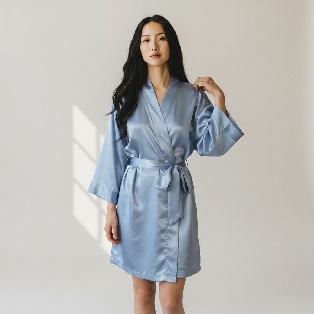 Victoria's Secret Womens Robe One Size Blue Satin Belted Short Kimono Pockets